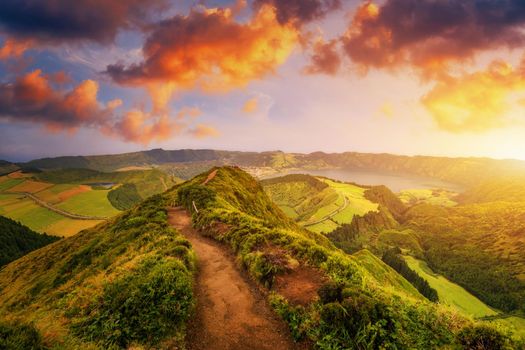 View of Sete Cidades near Miradouro da Grota do Inferno viewpoint, Sao Miguel Island, Azores, Portugal. Grota do Inferno viewpoint at Sete Cidades on Sao Miguel Island, Azores, Portugal.