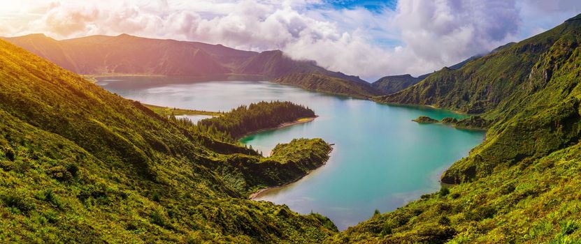 Beautiful panoramic view of Lagoa do Fogo lake in Sao Miguel Island, Azores, Portugal. "Lagoa do Fogo" in São Miguel Island, Azores. Panoramic image of Lagoa do Fogo, Sao Miguel, Azores, Portugal.