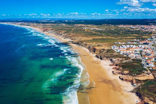 Campismo beach and Dunas beach and Island Baleal near Peniche on the shore of the Atlantic ocean in west coast of Portugal. Beautiful Baleal beach at Baleal peninsula close to Peniche, Portugal.