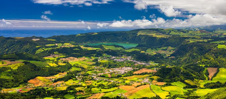 Landscape view in Salto do Cavalo (Horse Jump) with the Lagoon of Furnas in the Background, São Miguel island, Azores, Portugal. Miradouro do Salto do Cavalo in Sao Miguel, Azores, Portugal