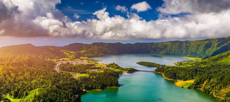 Beautiful view of Seven Cities Lake "Lagoa das Sete Cidades" from Vista do Rei viewpoint in São Miguel Island, Azores, Portugal. Lagoon of the Seven Cities, Sao Miguel island, Azores, Portugal.