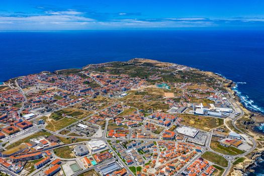 Aerial view of Peniche with the fortress, Peniche peninsula, Portugal. Peniche city buildings at Atlantic ocean coast, Portugal.