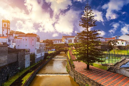 Panoramic cityscape view to Municipality and central square Of Ribeira Grande, Sao Miguel, Azores, Portugal. Central square of Ribeira Grande, Sao Miguel, Azores, Portugal.