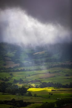 Azores panoramic view of natural landscape, wonderful scenic island of Portugal. Beautiful lagoons in volcanic craters and green fields. Tourist attraction and travel destination. Azores, Portugal.