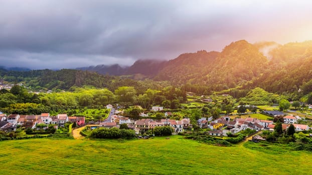 View of Furnas Village in São Miguel Island, Azores, Portugal. View of Furnas a famous village for hotsprings geothermal in São Miguel Island Azores Portugal. 
