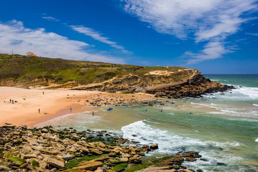 Praia das Macas in Sintra, Portugal near village Pinhal da Nazare. Panoramic view of Praia das Macas in the summer. Sintra, Portugal. Praia das Macas (Apple Beach) in Colares, Portugal.