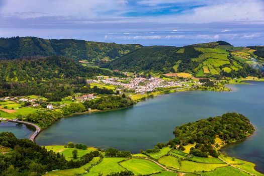 Traditional houses, Sete Cidades, Sao Miguel Island, Azores. Beautiful view of Sete Cidades village in Sao Miguel Island, Azores, Portugal. 