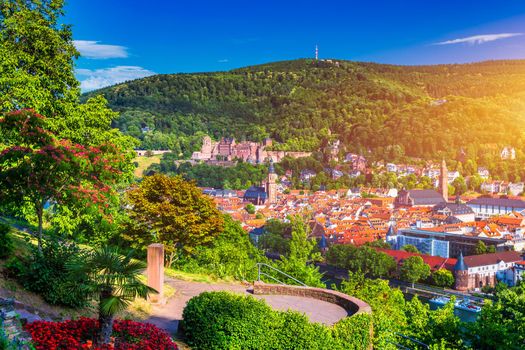 Landmark and beautiful Heidelberg town with Neckar river, Germany. Heidelberg town with the famous Karl Theodor old bridge and Heidelberg castle, Heidelberg, Germany. 