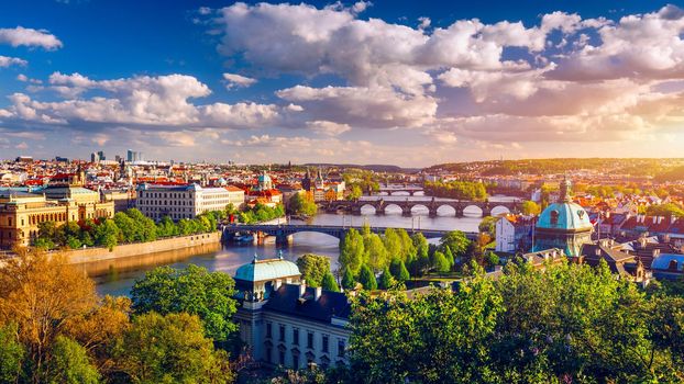 Amazing spring cityscape, Vltava river and old city center from Letna park, Prague, Czechia. Vltava river and Charles bridge, Prague, Czechia. 