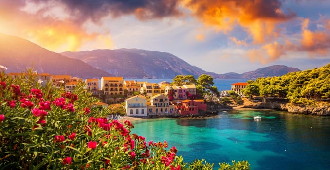 Turquoise colored bay in Mediterranean sea with beautiful colorful houses in Assos village in Kefalonia, Greece. Town of Assos with colorful houses on the mediterranean sea, Greece. 