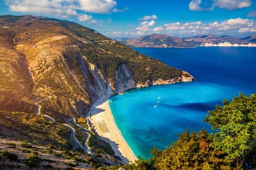 Famous Myrtos beach from overlook, Kefalonia (Cephalonia), Greece. Myrtos beach, Kefalonia island, Greece. Beautiful view of Myrtos beach, Ionian Island, Kefalonia (Cephalonia), Greece.