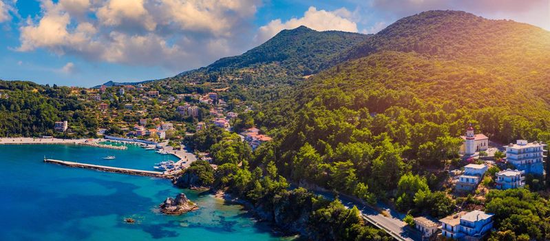 Aerial view of city of Poros, Kefalonia island in Greece. Poros city in middle of the day. Cephalonia or Kefalonia island, Ionian Sea, Greece. Poros village, Kefalonia island, Ionian islands, Greece.