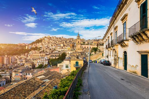 View of Modica, Sicily, Italy. Modica (Ragusa Province), view of the baroque town. Sicily, Italy. Ancient city Modica from above, Sicily, Italy