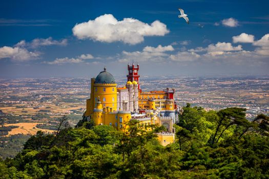 Palace of Pena in Sintra. Lisbon, Portugal. Travel Europe, holidays in Portugal. Panoramic View Of Pena Palace, Sintra, Portugal. Pena National Palace, Sintra, Portugal. 