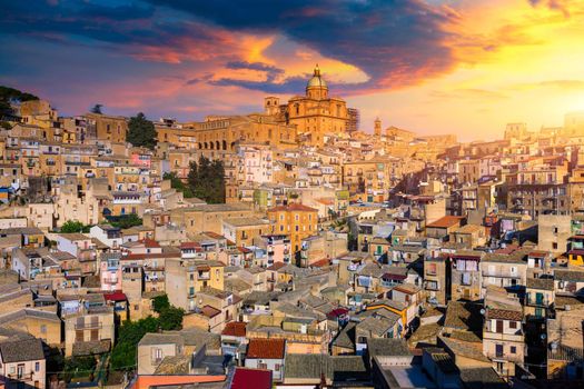 Piazza Armerina in the Enna province of Sicily in Italy. Piazza Armerina cityscape with the Cathedral SS. Assunta and old town, Sicily, Piazza Armerina, Province of Enna, Sicily, Italy, Europe.