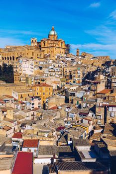 Piazza Armerina in the Enna province of Sicily in Italy. Piazza Armerina cityscape with the Cathedral SS. Assunta and old town, Sicily, Piazza Armerina, Province of Enna, Sicily, Italy, Europe.