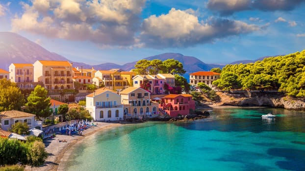 Assos village in Kefalonia, Greece. Turquoise colored bay in Mediterranean sea with beautiful colorful houses in Assos village in Kefalonia, Greece, Ionian island, Cephalonia, Assos village.