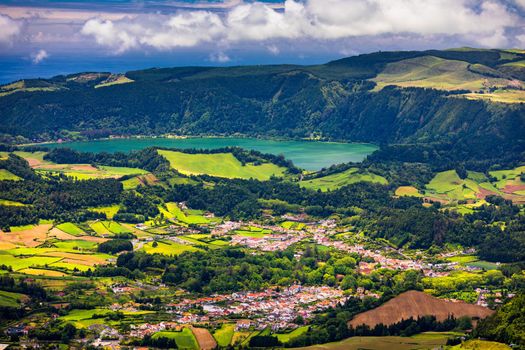 Landscape view in Salto do Cavalo (Horse Jump) with the Lagoon of Furnas in the Background, São Miguel island, Azores, Portugal. Miradouro do Salto do Cavalo in Sao Miguel, Azores, Portugal