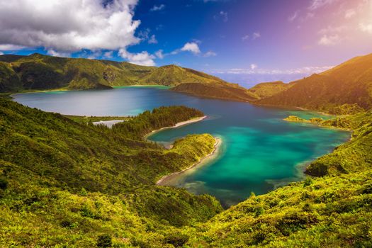 Beautiful panoramic view of Lagoa do Fogo lake in Sao Miguel Island, Azores, Portugal. "Lagoa do Fogo" in São Miguel Island, Azores. Panoramic image of Lagoa do Fogo, Sao Miguel, Azores, Portugal.
