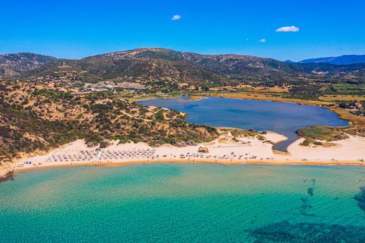 Panorama of the wonderful beaches of Chia, Sardinia, Italy. View of beautiful Chia bay and wonderful beaches, Sardinia island, Italy. Beautiful sea and bay on Su Guideu beach, Sardinia island, Italy