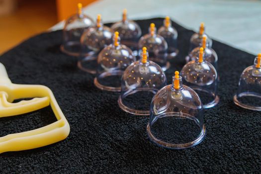 Vacuum vessels for the curative procedure of hijama bloodletting. Bloodletting, phlebotomy, sucking out dead blood cells