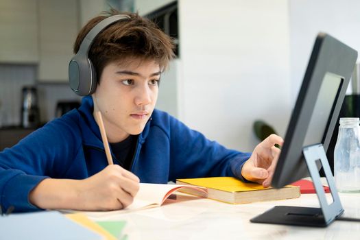 Young boy using computer and mobile device studying online. Education and online learning. 