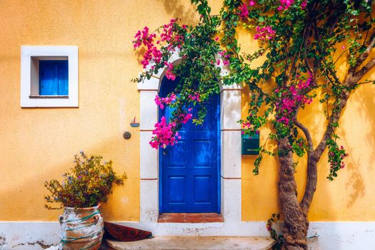 Traditional street with greek houses with flowers in Assos, Kefalonia island. Traditional colorful greek houses in Assos village. Blooming fuchsia plant flowers. Kefalonia island, Greece