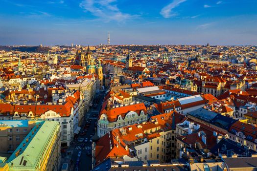 Aerial Prague panoramic drone view of the city of Prague at the Old Town Square, Czechia. Prague Old Town historical center of Prague, buildings and landmarks of old town, Prague, Czech Republic. 