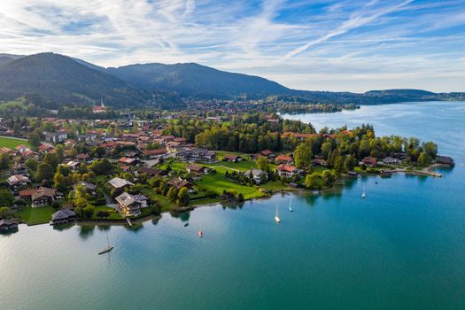 Tegernsee, Germany. Lake Tegernsee in Rottach-Egern (Bavaria), Germany near the Austrian border. Aerial view of the lake "Tegernsee" in the Alps of Bavaria. Bad Wiessee. Tegernsee lake in Bavaria. 