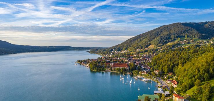 Tegernsee, Germany. Lake Tegernsee in Rottach-Egern (Bavaria), Germany near the Austrian border. Aerial view of the lake "Tegernsee" in the Alps of Bavaria. Bad Wiessee. Tegernsee lake in Bavaria. 