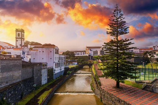 Panoramic cityscape view to Municipality and central square Of Ribeira Grande, Sao Miguel, Azores, Portugal. Central square of Ribeira Grande, Sao Miguel, Azores, Portugal.