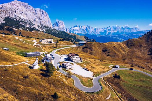 Autumn landscape in Passo Gardena, South Tyrol, Dolomites, Italy. Mountain landscape of the picturesque Dolomites at Passo Gardena area in South Tyrol in Italy. 