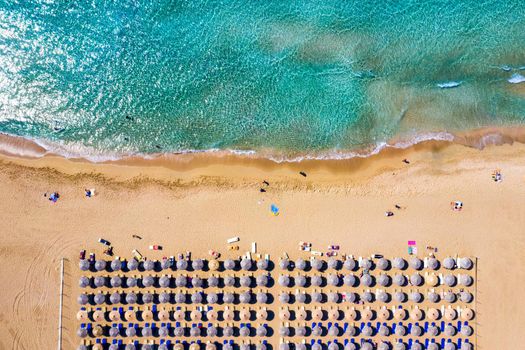 Aerial shot of beautiful turquoise beach Falasarna (Falassarna) in Crete, Greece. View of famous paradise sandy deep turquoise beach of Falasarna (Falassarna) in North West, Crete island, Greece.