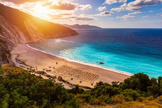 Famous Myrtos beach from overlook, Kefalonia (Cephalonia), Greece. Myrtos beach, Kefalonia island, Greece. Beautiful view of Myrtos beach, Ionian Island, Kefalonia (Cephalonia), Greece.