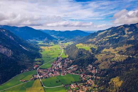 Bayrischzell municipality aerial view, with a view of Osterhofen town. German beautiful nature and green forests, Bavaria, Germany. The village Bayrischzell in mountains of Alps, Bavaria Germany.