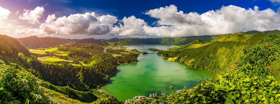 Beautiful view of Seven Cities Lake "Lagoa das Sete Cidades" from Vista do Rei viewpoint in São Miguel Island, Azores, Portugal. Lagoon of the Seven Cities, Sao Miguel island, Azores, Portugal.