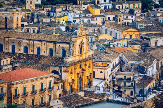 View of Modica, Sicily, Italy. Modica (Ragusa Province), view of the baroque town. Sicily, Italy. Ancient city Modica from above, Sicily, Italy