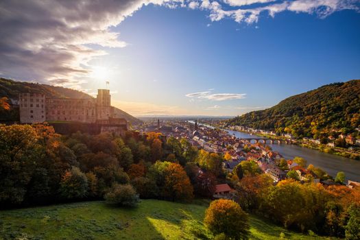 Landmark and beautiful Heidelberg town with Neckar river, Germany. Heidelberg town with the famous Karl Theodor old bridge and Heidelberg castle, Heidelberg, Germany. 