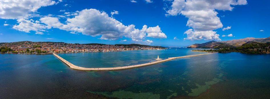 Aerial view of the De Bosset Bridge in Argostoli city on Kefalonia island. De Bosset Bridge on lakeside In Argostoli, Kefalonia. Obelisk and the de Bosset bridge in Argostoli, Kefalonia, Greece