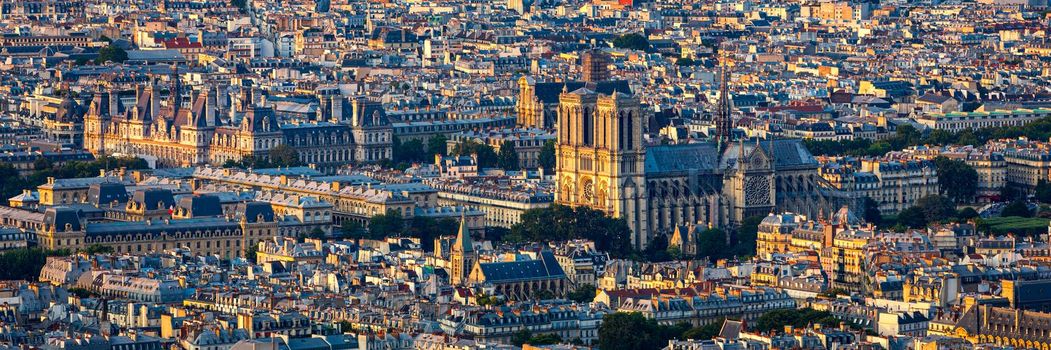 Notre Dame de Paris cathedral at sunset, France. Notre Dame de Paris, most beautiful Cathedral in Paris. Picturesque sunset over Cathedral of Notre Dame de Paris, destroyed in a fire in 2019, Paris.