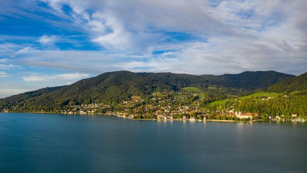 Tegernsee, Germany. Lake Tegernsee in Rottach-Egern (Bavaria), Germany near the Austrian border. Aerial view of the lake "Tegernsee" in the Alps of Bavaria. Bad Wiessee. Tegernsee lake in Bavaria. 