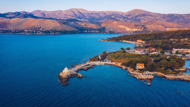 Aerial view of Lighthouse of Saint Theodore in Lassi, Argostoli, Kefalonia island in Greece. Saint Theodore lighthouse in Kefalonia island, Argostoli town, Greece, Europe.
