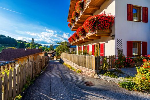 Street view of Santa Maddalena (Santa Magdalena) village, Val di Funes valley, Trentino Alto Adige region, South Tyrol, Italy, Europe. Santa Maddalena Village, Italy. 