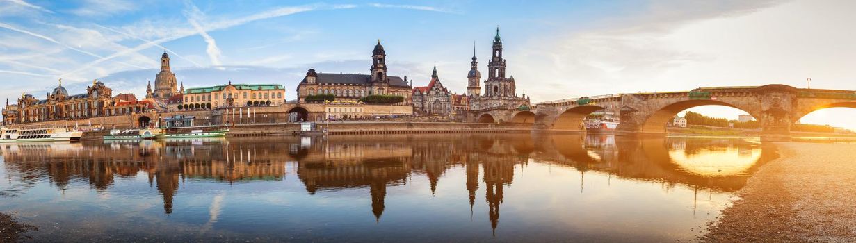 Dresden city skyline panorama at Elbe River and Augustus Bridge, Dresden, Saxony, Germany