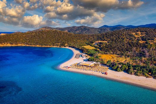 Aerial shot of Tuerredda beach on a beautiful day, Sardinia, Italy. Aerial drone view of Tuerredda in Sardegna. Famous Tuerredda beach on the south of Sardinia near Teulada. Sardinia, Italy.