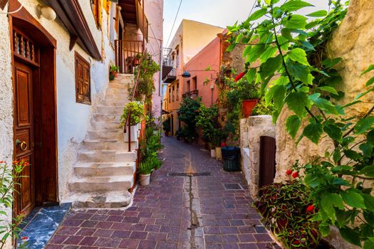 Charming streets of Greek islands, Crete. Street in the old town of Chania, Crete, Greece. Beautiful street in Chania, Crete island, Greece. Summer landscape. Travel and vacation.