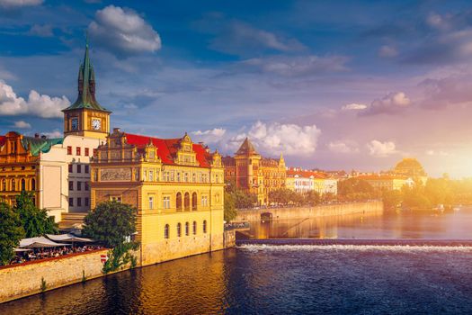 Prague Castle and Lesser Town panorama. View from Petrin Hill. Prague, Czech Republic. Spring Prague panorama from Prague Hill with Prague Castle, Vltava river and historical architecture. Czechia.