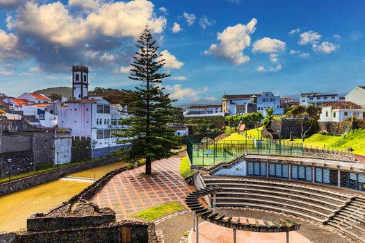 Panoramic cityscape view to Municipality and central square Of Ribeira Grande, Sao Miguel, Azores, Portugal. Central square of Ribeira Grande, Sao Miguel, Azores, Portugal.