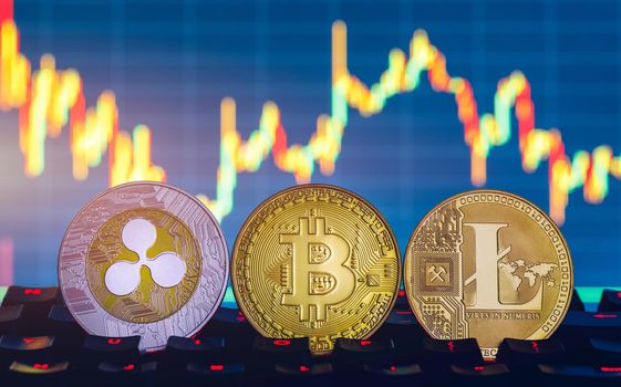 Set of cryptocurrencies with Bitcoin, Etherium, Ripple, Litecoin. Cryptocurrencys new digital money. Bitcoin on the front as the leader. Bitcoin as most important cryptocurrency.