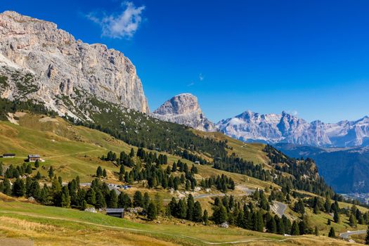 Panoramic view of Dolomite peaks of Pizes da Cir, Passo Gardena at Autumn, South Tyrol, Italy. Gardena Pass, Trentino Alto Adige, Italy. Passo Gardena, alpine pass between Val Badia and Val Gardena.